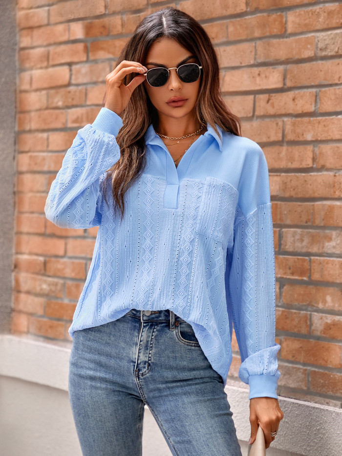 Women's Casual Solid Color Lapels Loose New Long-sleeved Top Blouse