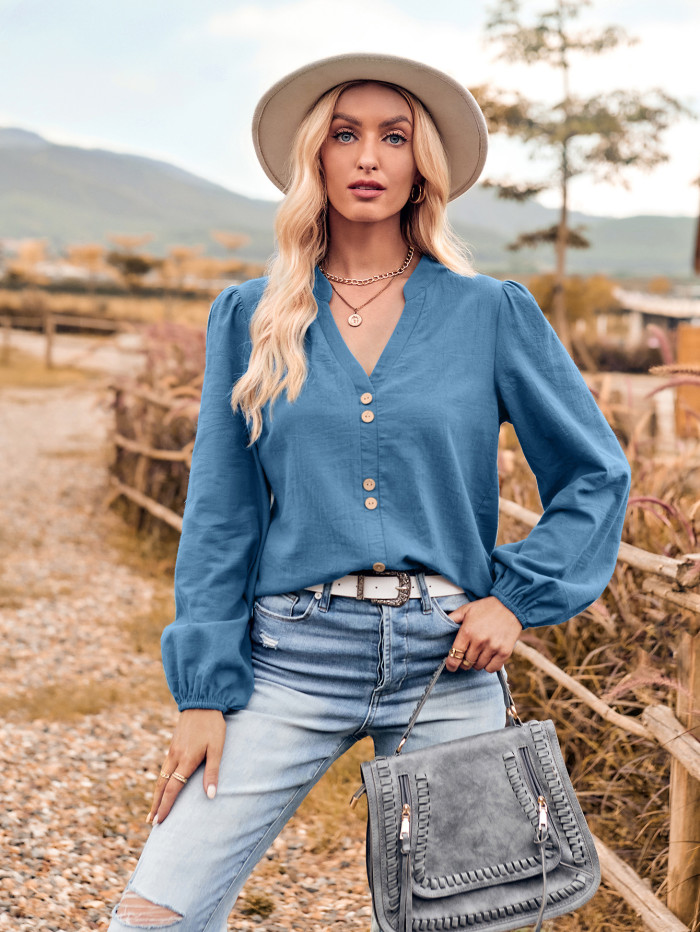 Casual New Women's V-neck Fashion Button-down Long Sleeve Top Blouse