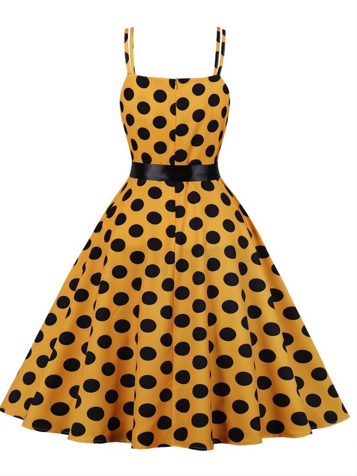 Retro Polka Dot Print Spaghetti Dress, Knotted Sleeveless Fashion Large Swing Lace Up A-line Dresses, Women's Clothing