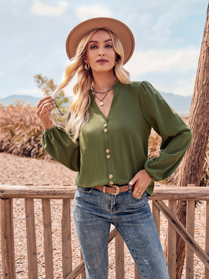 Casual New Women's V-neck Fashion Button-down Long Sleeve Top Blouse