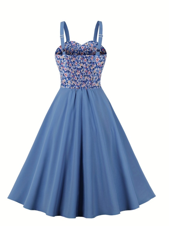 Ditsy Floral Print Splicing Dress, Elegant Cami Sleeveless Pleated Dress, Women's Clothing