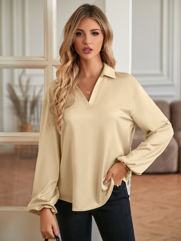 Casual Women's Fashion Solid Color Loose V-neck Long Sleeve Top Blouse