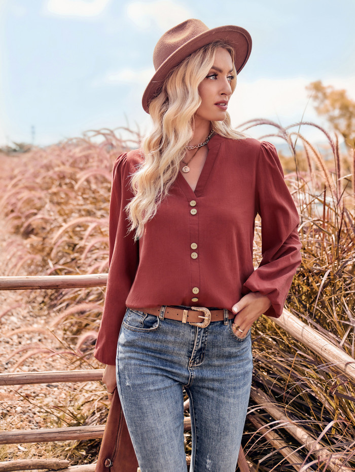 Casual New Women's V-neck Fashion Button-down Long Sleeve Top Blouse