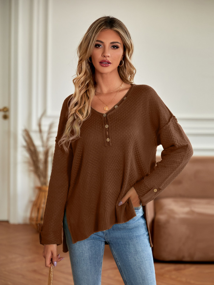 New Fashion Women's Solid Color V-neck Loose Long Sleeve Knit Sweater