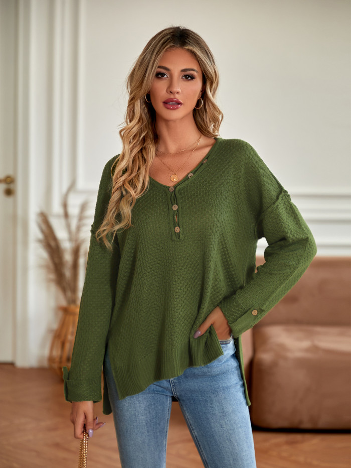 New Fashion Women's Solid Color V-neck Loose Long Sleeve Knit Sweater
