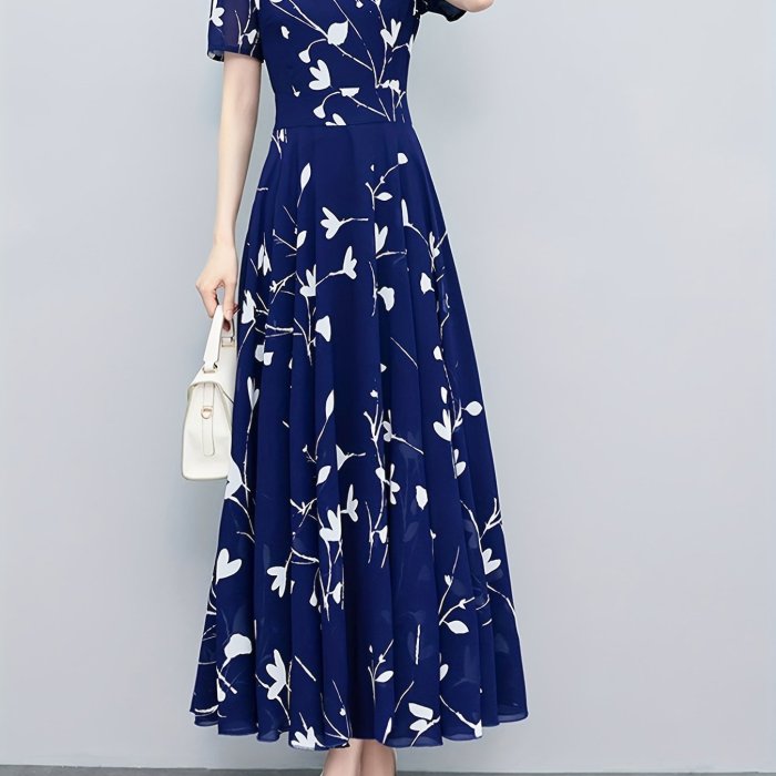 Floral Print Pleated Dress, Casual High Waist Short Sleeve V Neck Maxi Dress, Women's Clothing