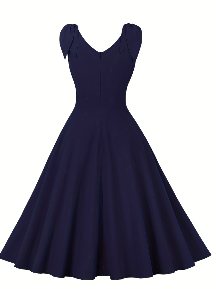 High Waist Retro A-line Dress, V Neck Sleeveless Party Casual Dress For Summer & Spring, Women's Clothing