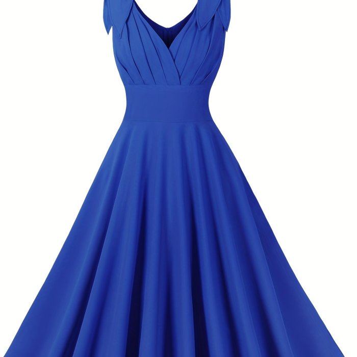 High Waist Retro A-line Dress, V Neck Sleeveless Party Casual Dress For Summer & Spring, Women's Clothing