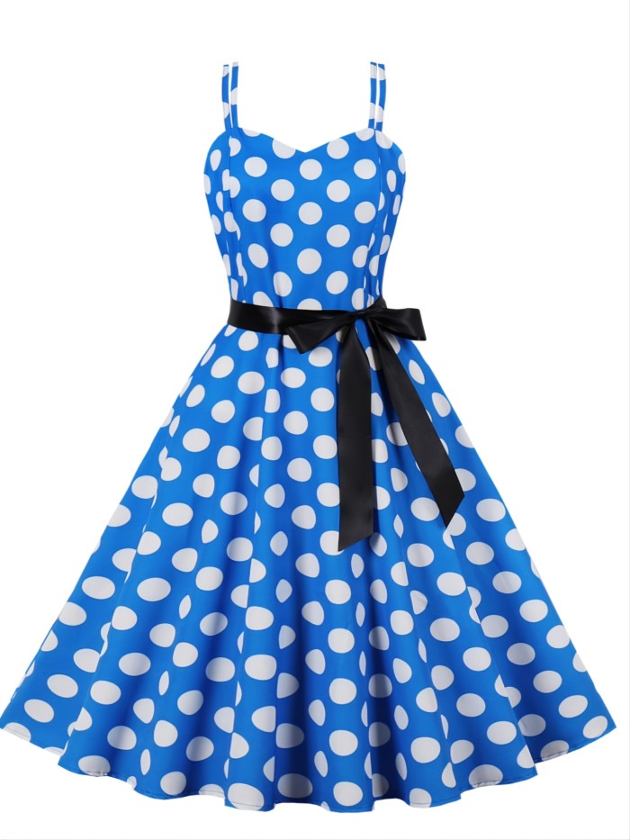 Retro Polka Dot Print Spaghetti Dress, Knotted Sleeveless Fashion Large Swing Lace Up A-line Dresses, Women's Clothing