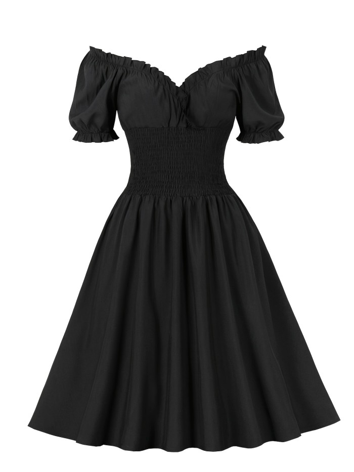 Off Shoulder Short Sleeve Elegant A Line Dress, Solid Dress For Fall & Spring, Women's Clothing