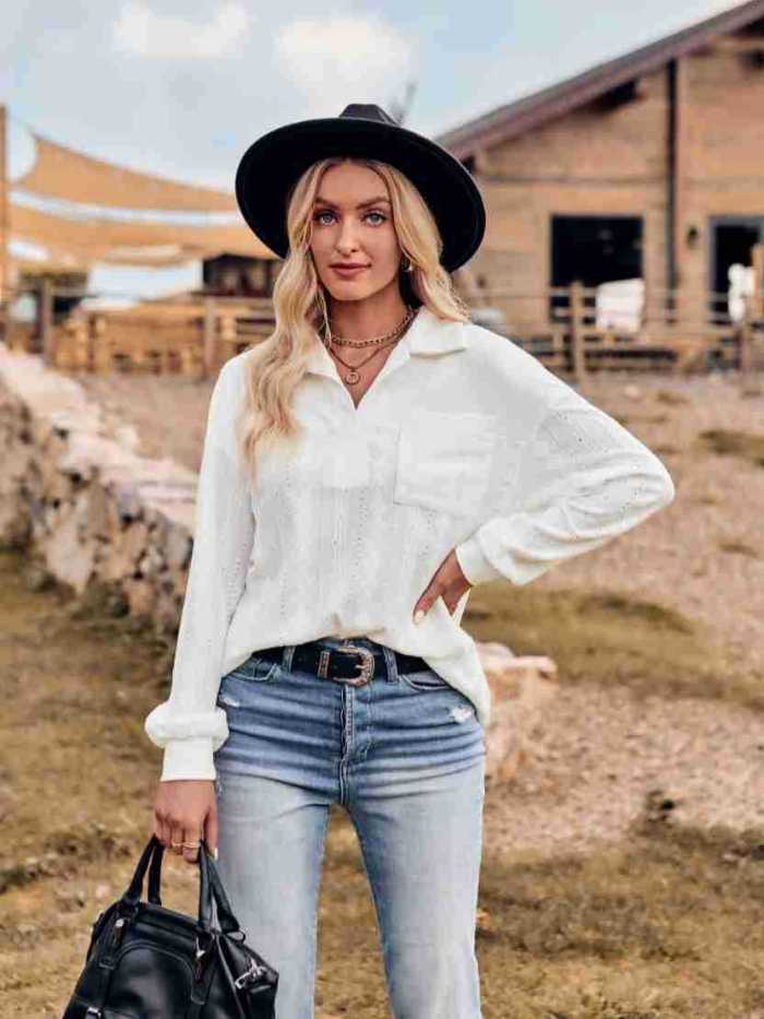 Women's Casual Solid Color Lapels Loose New Long-sleeved Top Blouse