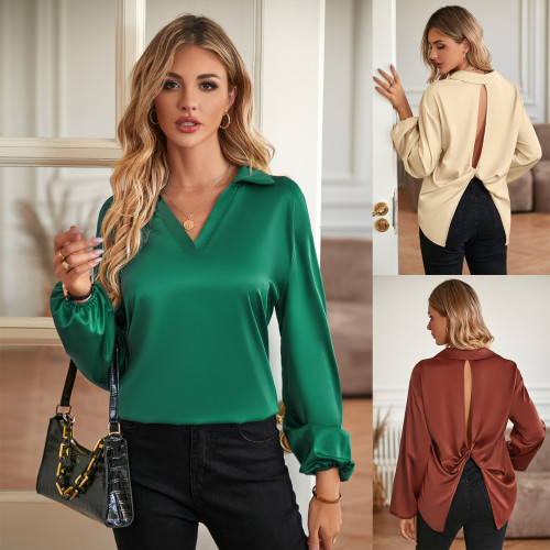 Casual Women's Fashion Solid Color Loose V-neck Long Sleeve Top Blouse