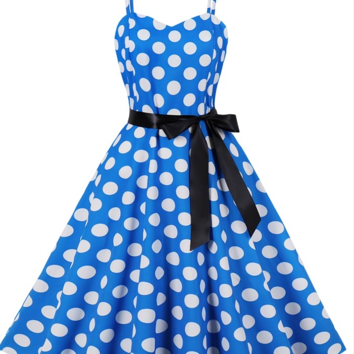 Retro Polka Dot Print Spaghetti Dress, Knotted Sleeveless Fashion Large Swing Lace Up A-line Dresses, Women's Clothing