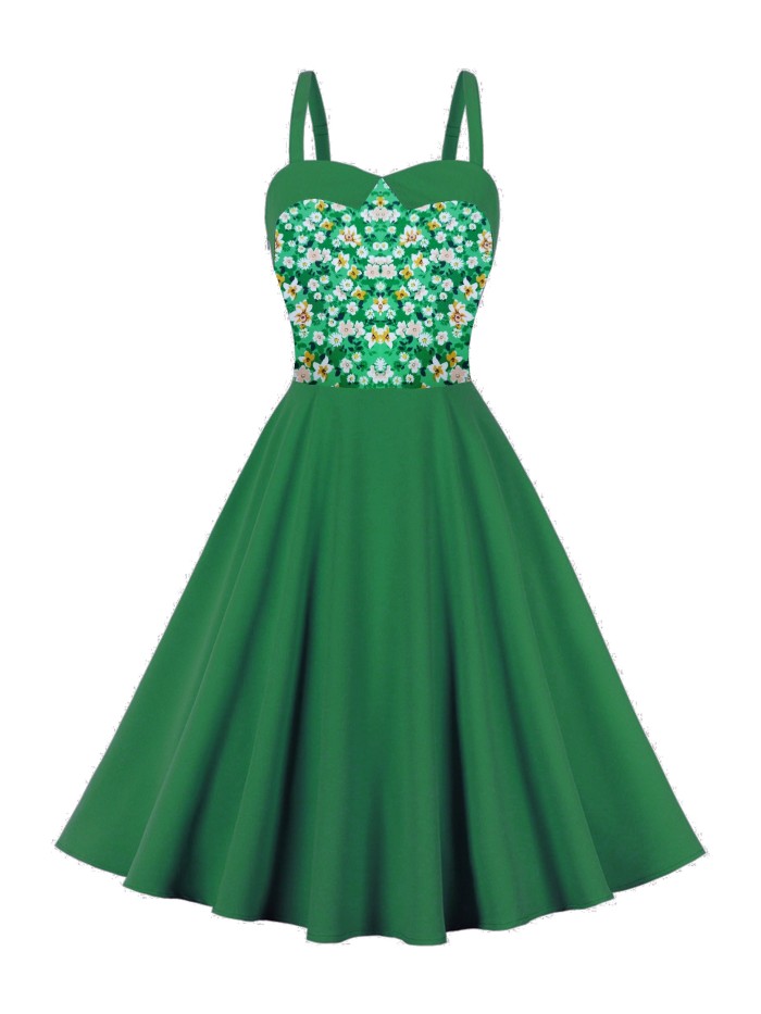 Ditsy Floral Print Splicing Dress, Elegant Cami Sleeveless Pleated Dress, Women's Clothing