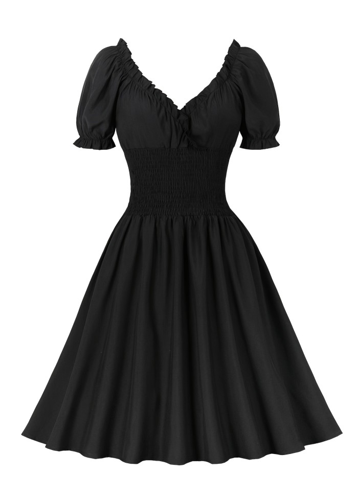 Off Shoulder Short Sleeve Elegant A Line Dress, Solid Dress For Fall & Spring, Women's Clothing