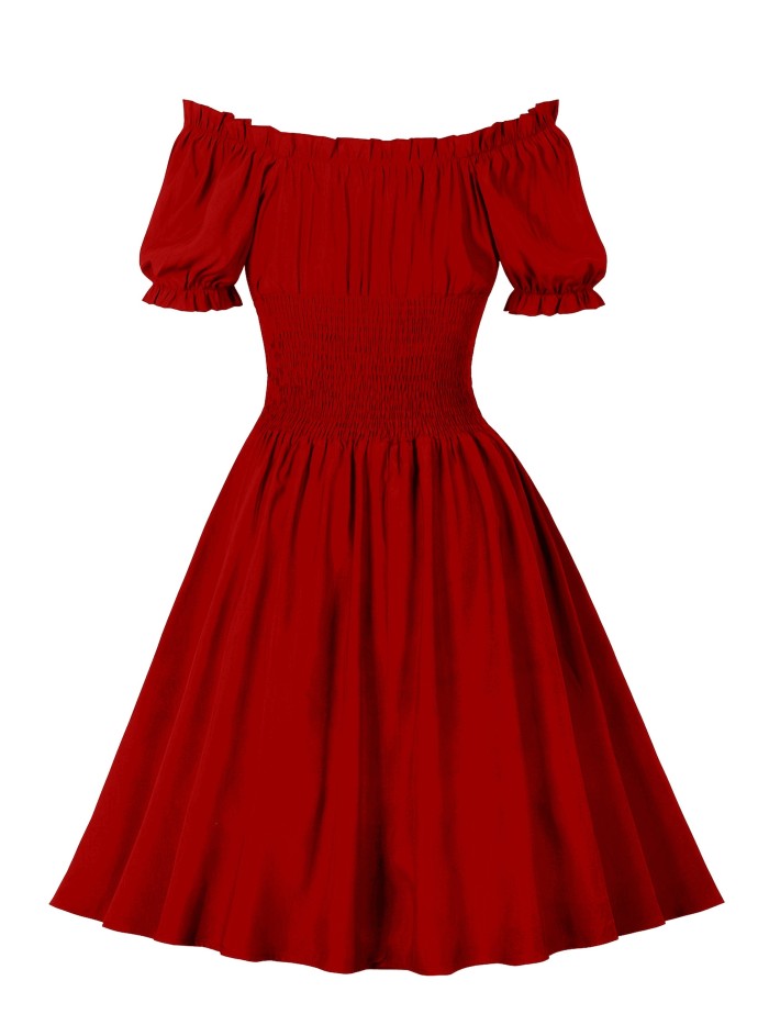 Off Shoulder Short Sleeve Elegant A Line Dress, Solid Dress For Fall & Spring, Women's Clothing