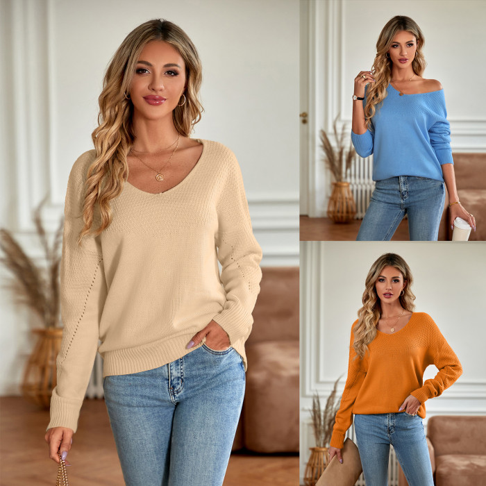 Women's New Solid Color V-neck Loose Women's Sweater