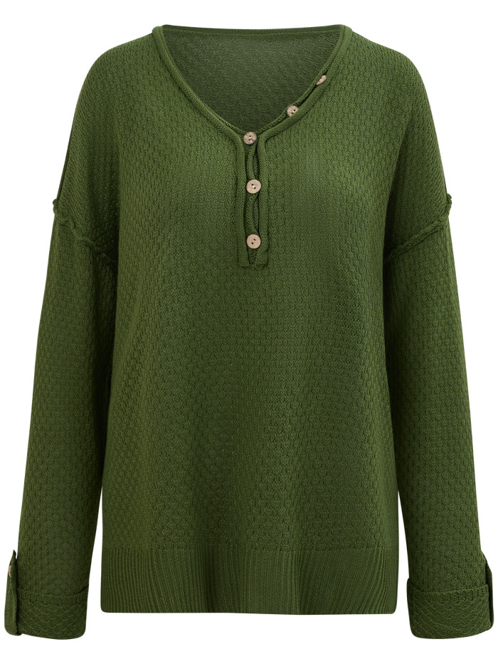 New Fashion Women's Solid Color V-neck Loose Long Sleeve Knit Sweater