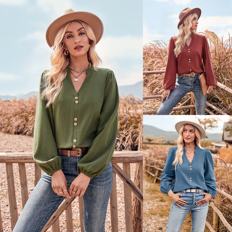 Casual New Women's V-neck Fashion Button-down Long Sleeve Top Blouse