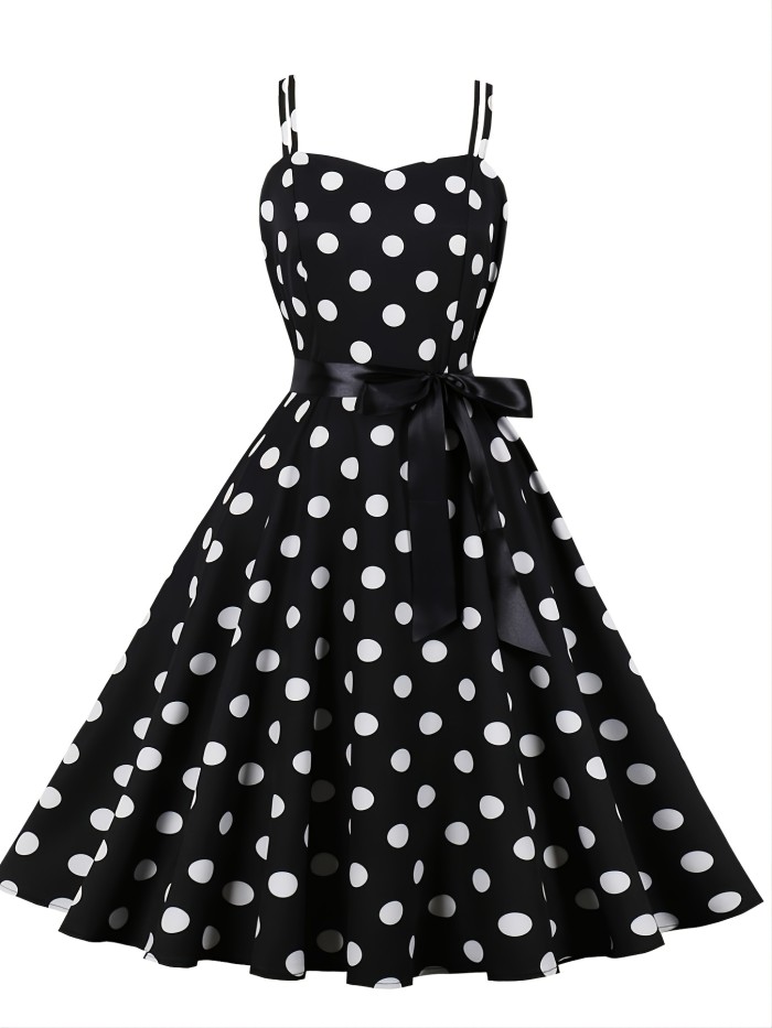 Retro Polka Dot Print Spaghetti Dress, Knotted Sleeveless Fashion Large Swing Lace Up A-line Dresses, Women's Clothing
