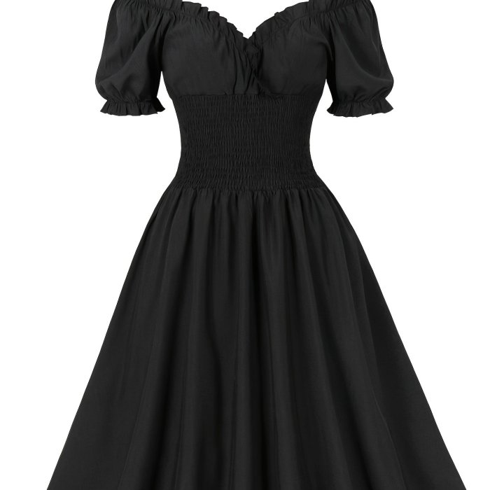 Off Shoulder Short Sleeve Elegant A Line Dress, Solid Dress For Fall & Spring, Women's Clothing