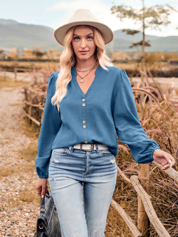 Casual New Women's V-neck Fashion Button-down Long Sleeve Top Blouse