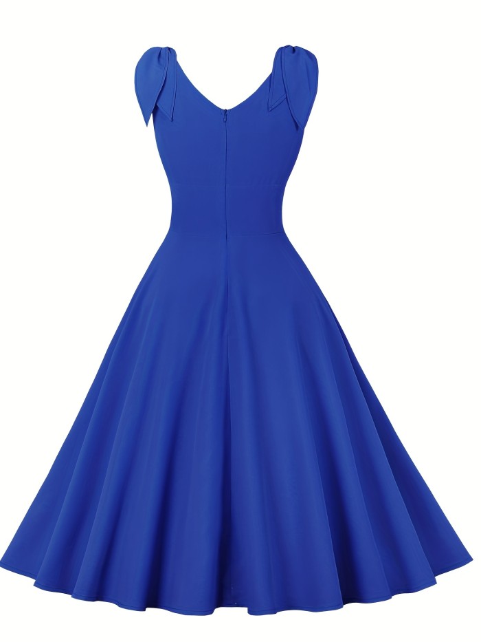 High Waist Retro A-line Dress, V Neck Sleeveless Party Casual Dress For Summer & Spring, Women's Clothing