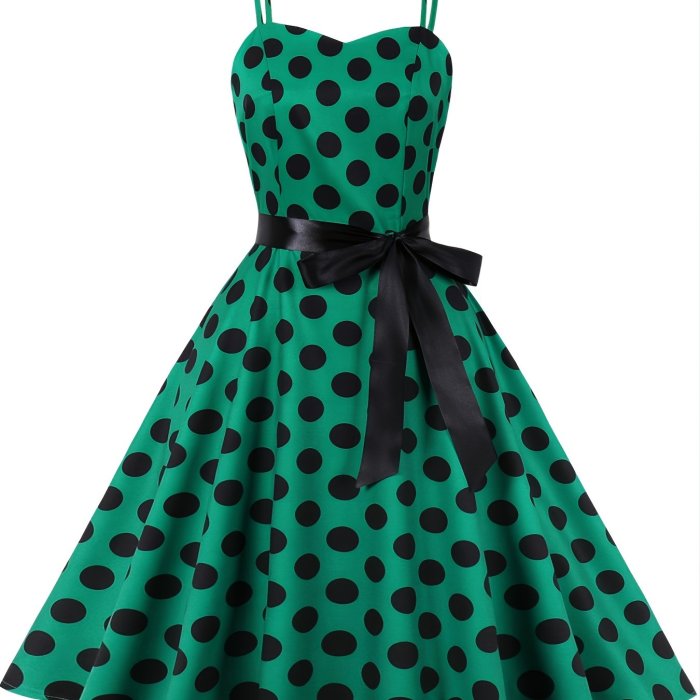 Retro Polka Dot Print Spaghetti Dress, Knotted Sleeveless Fashion Large Swing Lace Up A-line Dresses, Women's Clothing