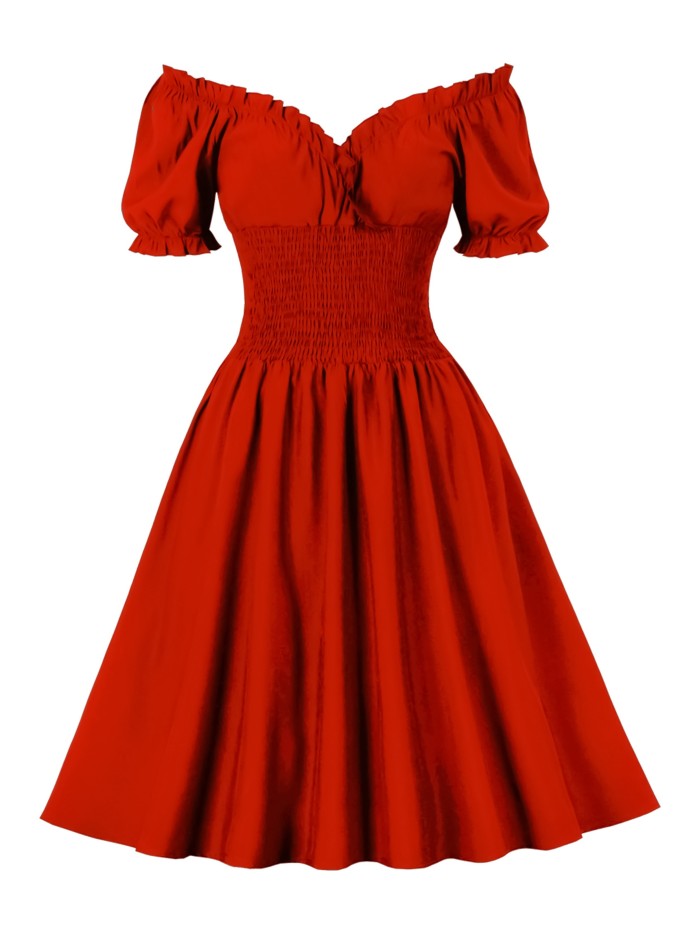 Off Shoulder Short Sleeve Elegant A Line Dress, Solid Dress For Fall & Spring, Women's Clothing