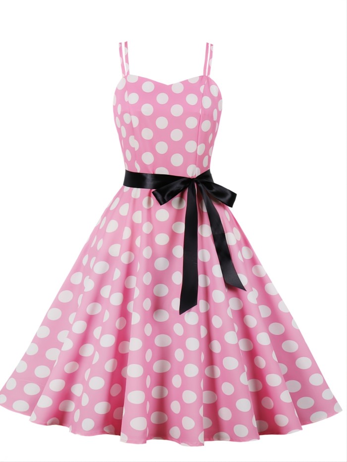 Retro Polka Dot Print Spaghetti Dress, Knotted Sleeveless Fashion Large Swing Lace Up A-line Dresses, Women's Clothing