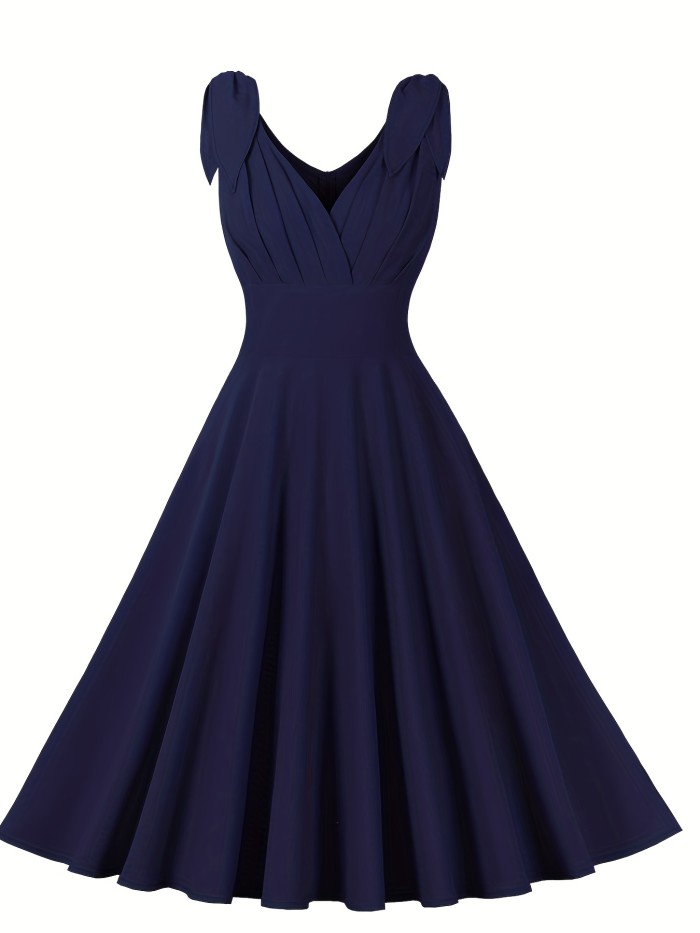 High Waist Retro A-line Dress, V Neck Sleeveless Party Casual Dress For Summer & Spring, Women's Clothing