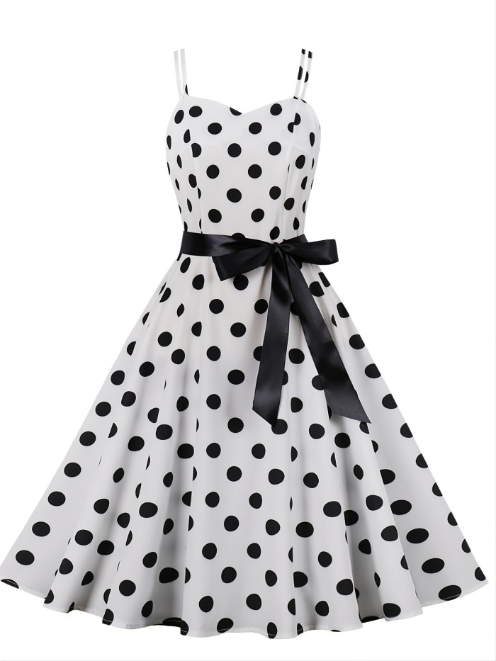 Retro Polka Dot Print Spaghetti Dress, Knotted Sleeveless Fashion Large Swing Lace Up A-line Dresses, Women's Clothing