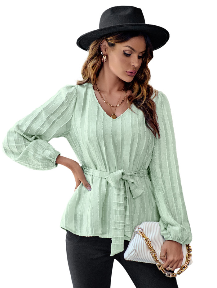 New Women's Casual V-neck Slim Long-sleeved Top Blouse