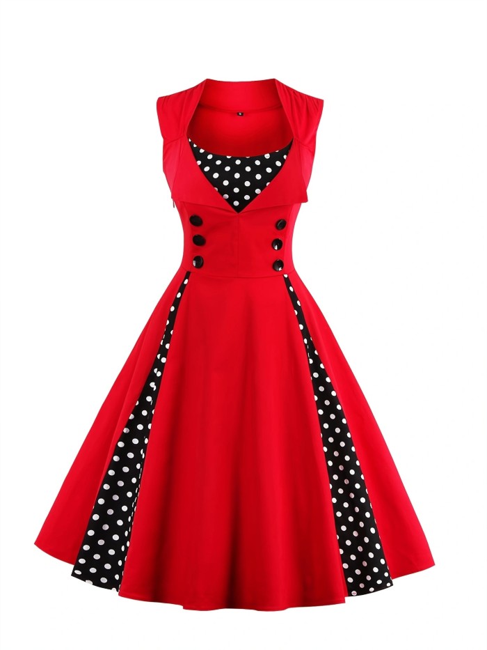 Retro Button Stitching Large Swing Dress, Vintage Fashion Waist Fall Party Swing Dresses, Women's Clothing