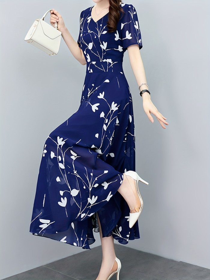 Floral Print Pleated Dress, Casual High Waist Short Sleeve V Neck Maxi Dress, Women's Clothing