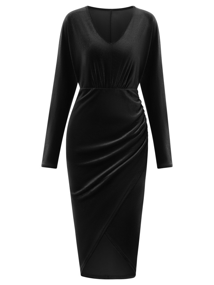 Casual New Fashion V-neck Solid Color Velvet Midi Dress