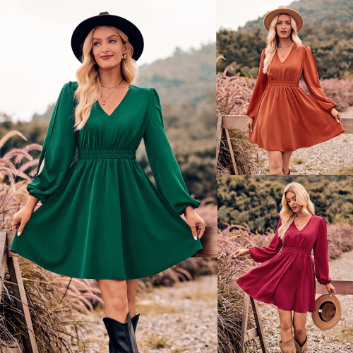 V-neck Long Sleeves Solid Color Fashion Casual Dress