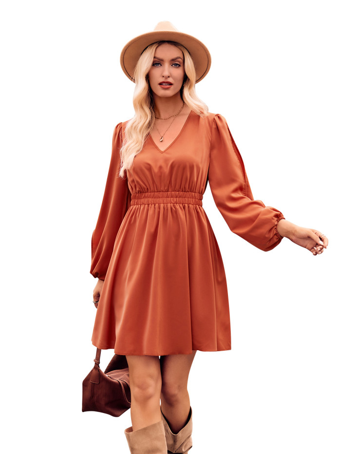 V-neck Long Sleeves Solid Color Fashion Casual Dress