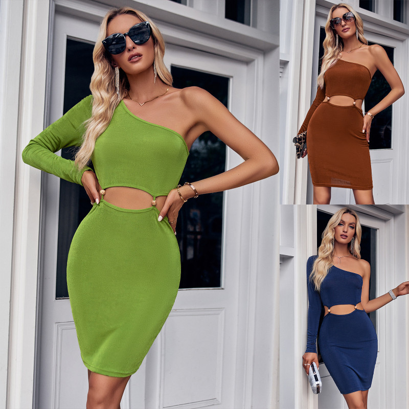 New Women's Casual Solid One-shoulder Bodycon Dress