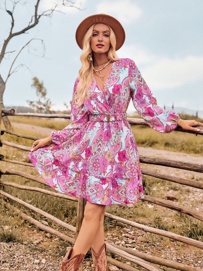 Fashion Print Women's V-neck Long Sleeve Casual Dress