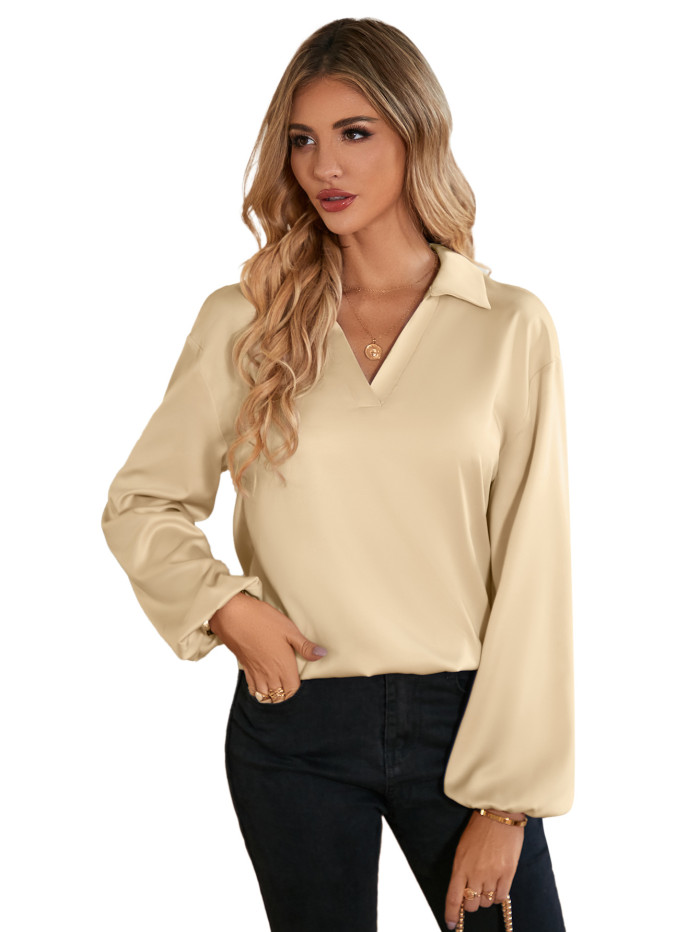 Casual Women's Fashion Solid Color Loose V-neck Long Sleeve Top Blouse