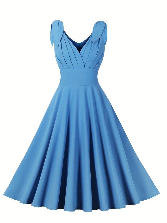 High Waist Retro A-line Dress, V Neck Sleeveless Party Casual Dress For Summer & Spring, Women's Clothing