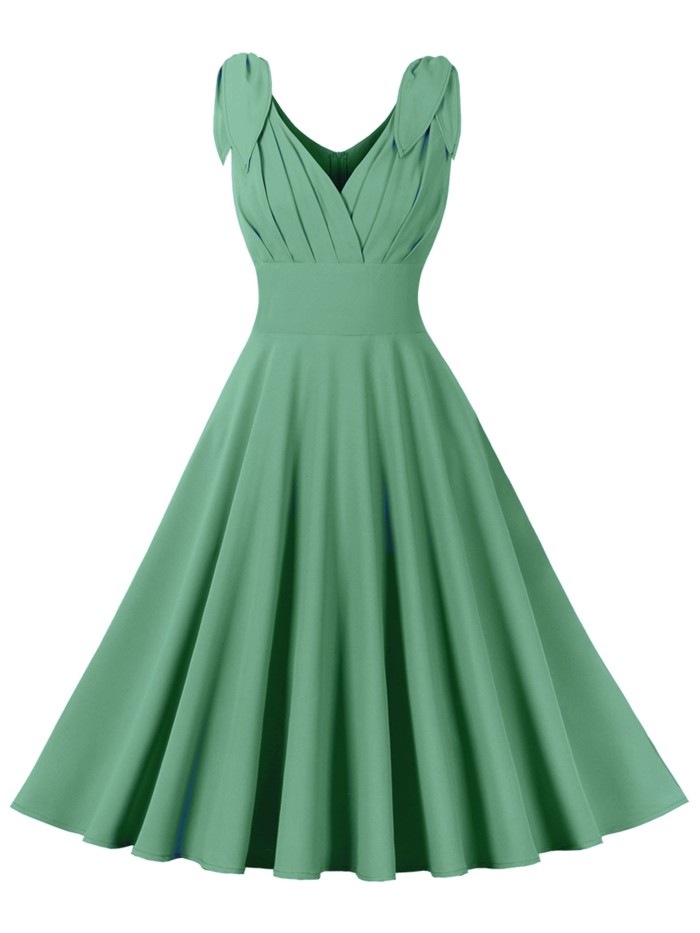 High Waist Retro A-line Dress, V Neck Sleeveless Party Casual Dress For Summer & Spring, Women's Clothing