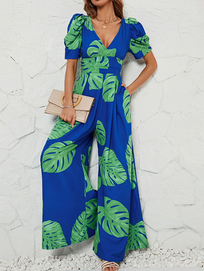 Fashion Retro Puff Sleeve Print Sexy V-neck High Waist Wide Leg Jumpsuit