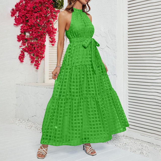 Women Sleeveless With Belt Elegant Vintage Casual Maxi Dress