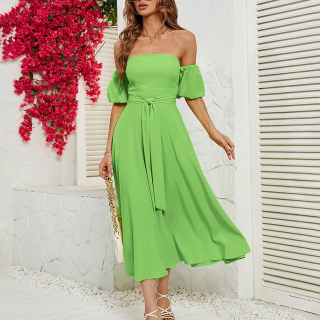 Elegant Sweet Off Shoulder Puff Sleeve Solid Chic Maxi Dress