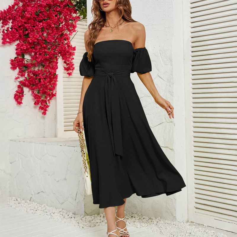 Elegant Sweet Off Shoulder Puff Sleeve Solid Chic Maxi Dress