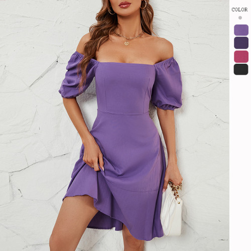 New Solid Color Square Neck Puff Sleeve Women Sexy Casual Dress