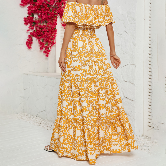 High Waist Printed Loose Boho Off Shoulder Maxi Dress