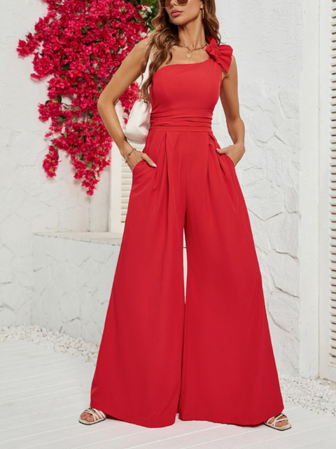 Elegant Women Solid Color Sleeveless One Shoulder Wide Leg Jumpsuit